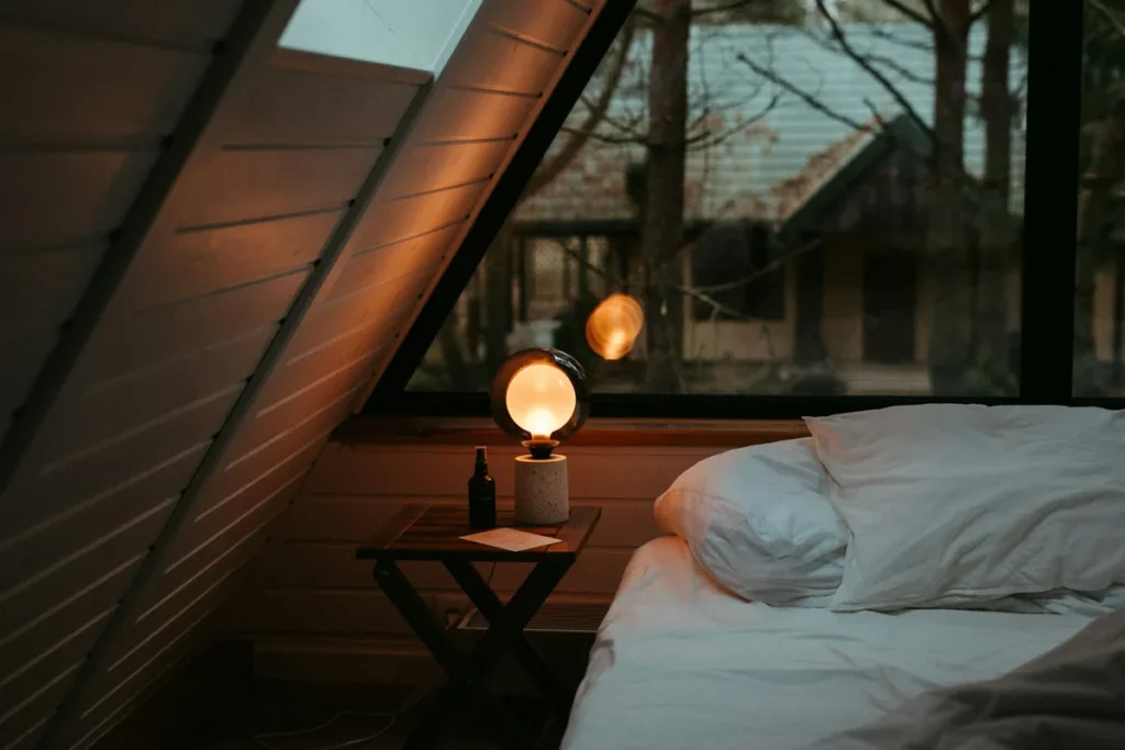 Serene bedroom with soft neutral bedding and minimalist decor