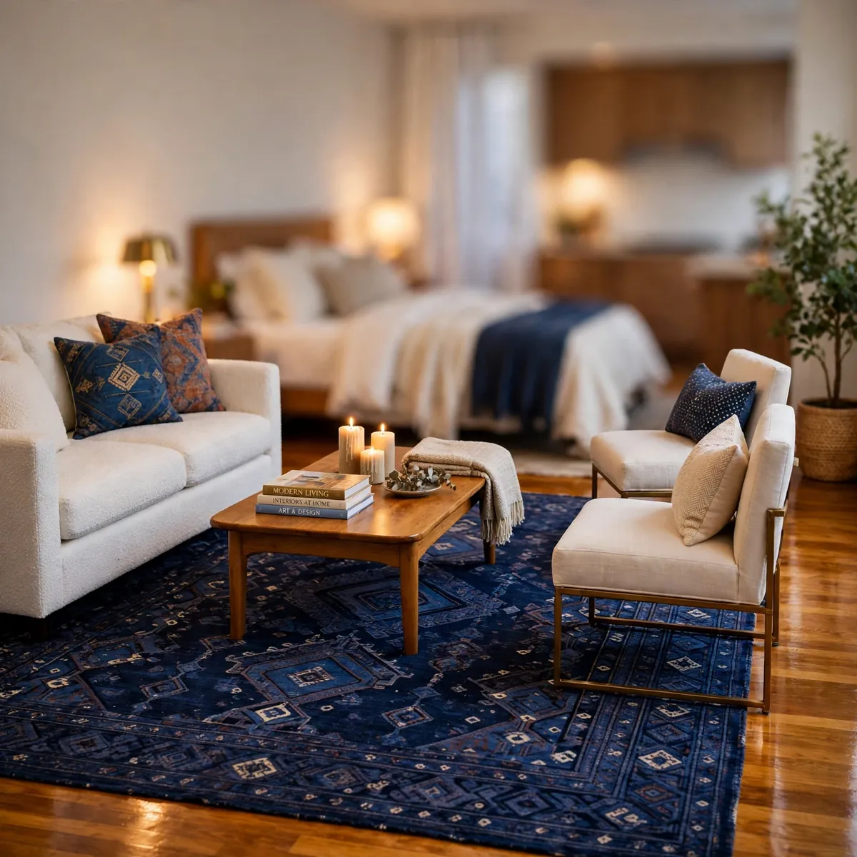25 Apartment Living Room Ideas That Make a Rental Feel Like Home apartment living room ideas: Zone an Open Plan With One Big Indigo Rug