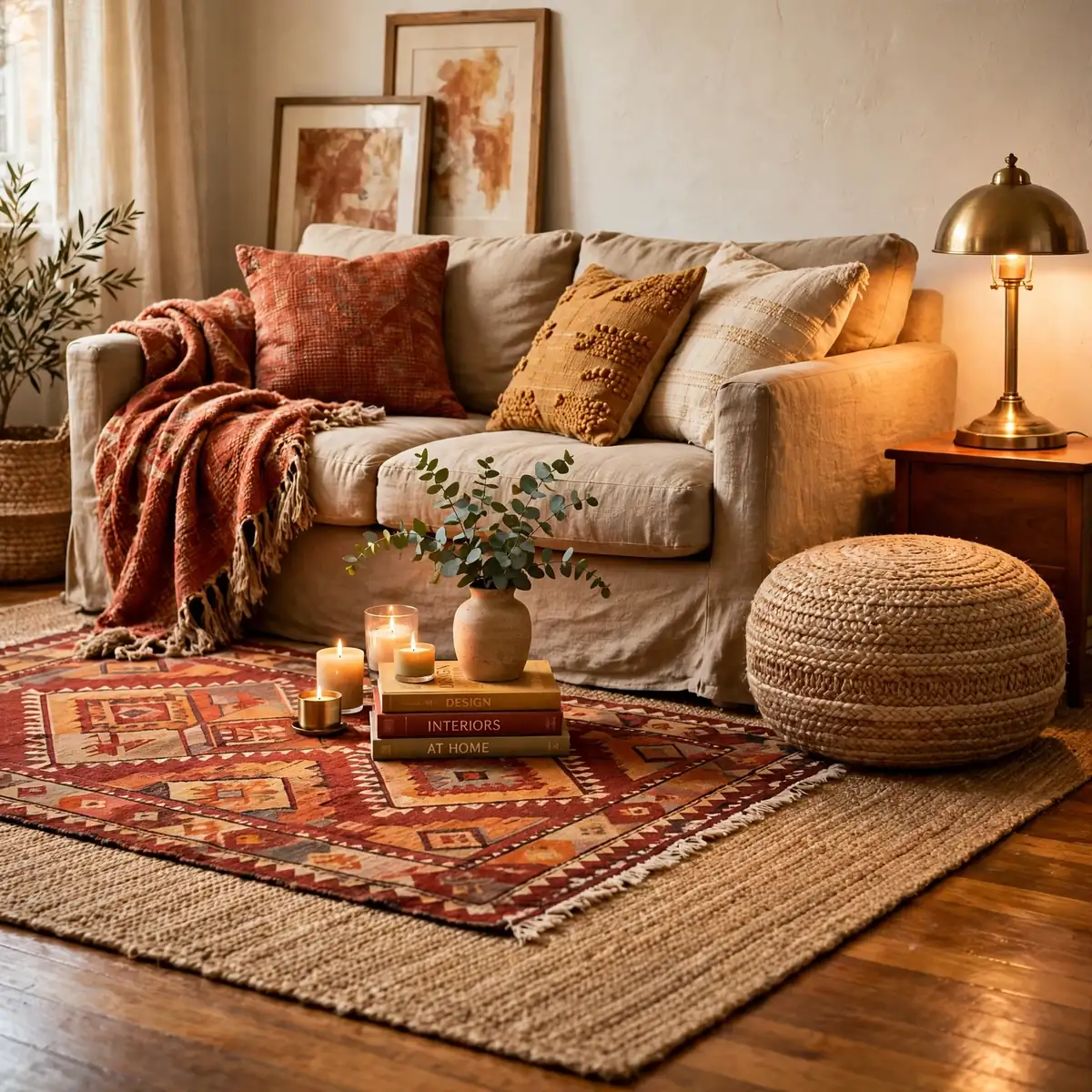 25 Apartment Living Room Ideas That Make a Rental Feel Like Home apartment living room ideas: Layer a Smaller Patterned Rug Over a Neutral Base