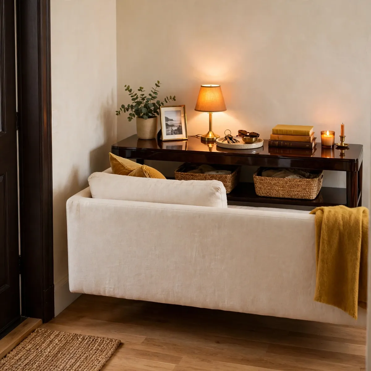 25 Apartment Living Room Ideas That Make a Rental Feel Like Home apartment living room ideas: Use a Slim Console Behind the Sofa as a Command Center