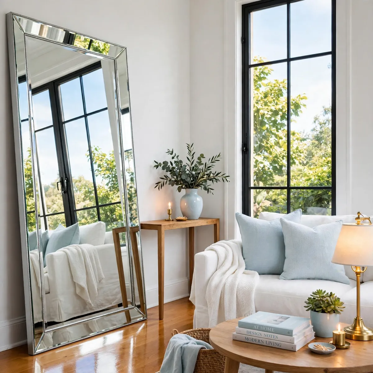 25 Apartment Living Room Ideas That Make a Rental Feel Like Home apartment living room ideas: Hang One Large Mirror Opposite the Window