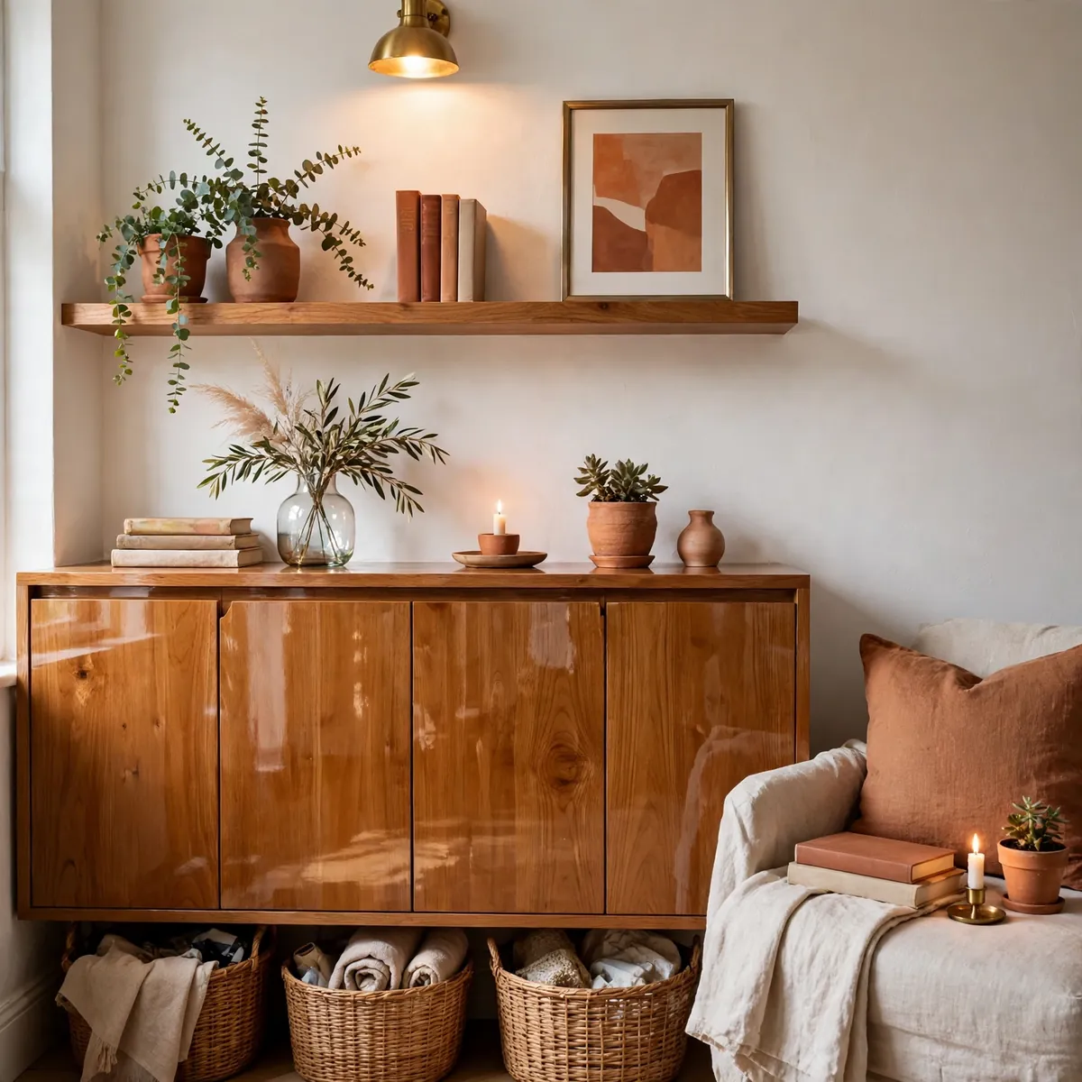 25 Apartment Living Room Ideas That Make a Rental Feel Like Home apartment living room ideas: Style Shelves With Closed Storage Below, Open Above
