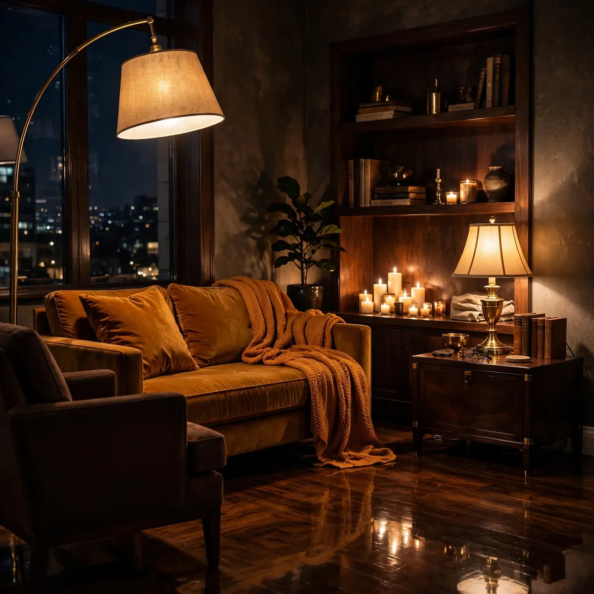 25 Apartment Living Room Ideas That Make a Rental Feel Like Home apartment living room ideas: Layer Warm Lighting at Three Heights