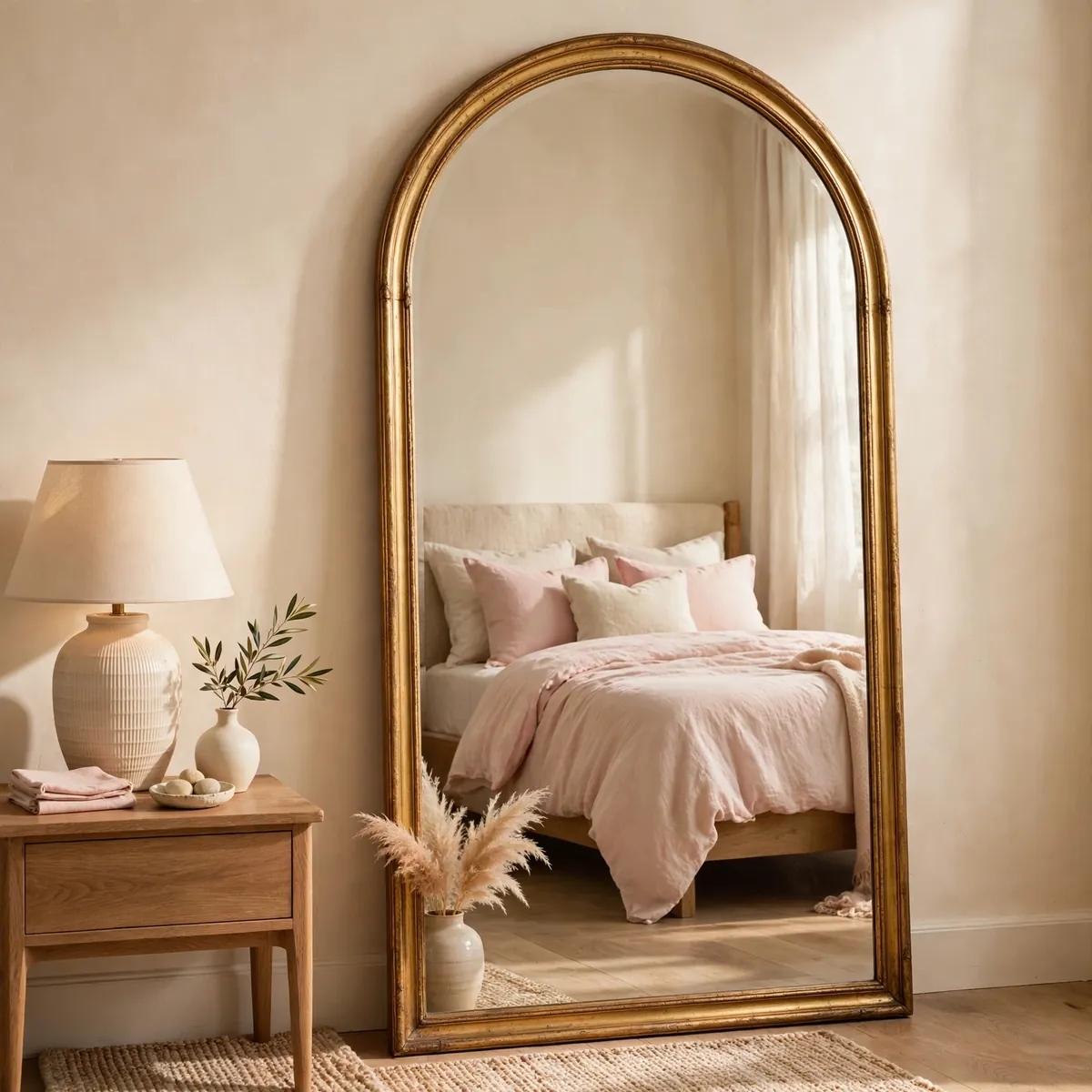 arched mirror decor ideas: Full-Length Gold Arch Mirror Leaning in the Bedroom