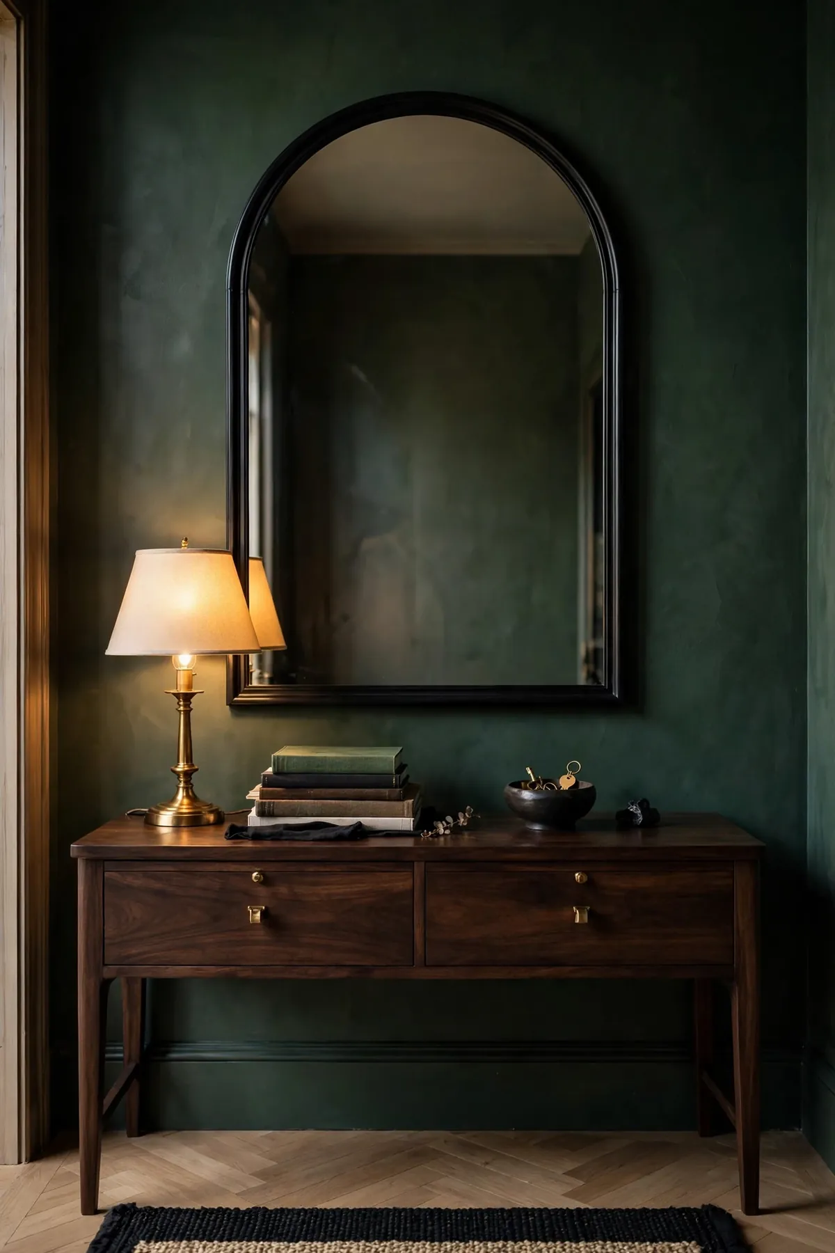 arched mirror decor ideas: Black-Framed Arch Mirror Over a Console Table