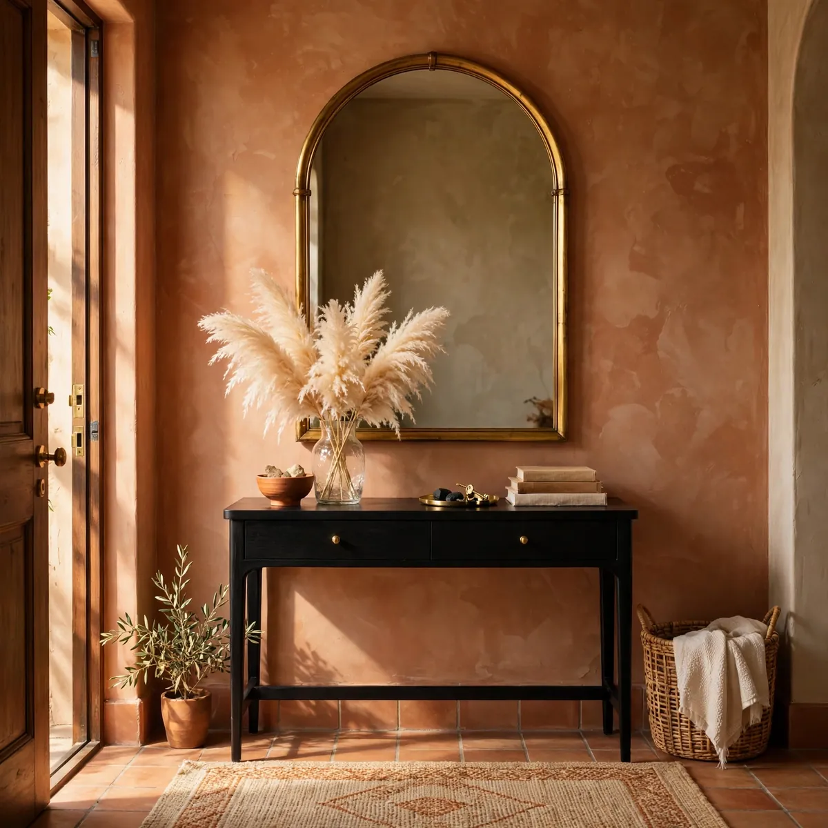 arched mirror decor ideas: Brass Arch Mirror Anchoring an Entryway Vignette
