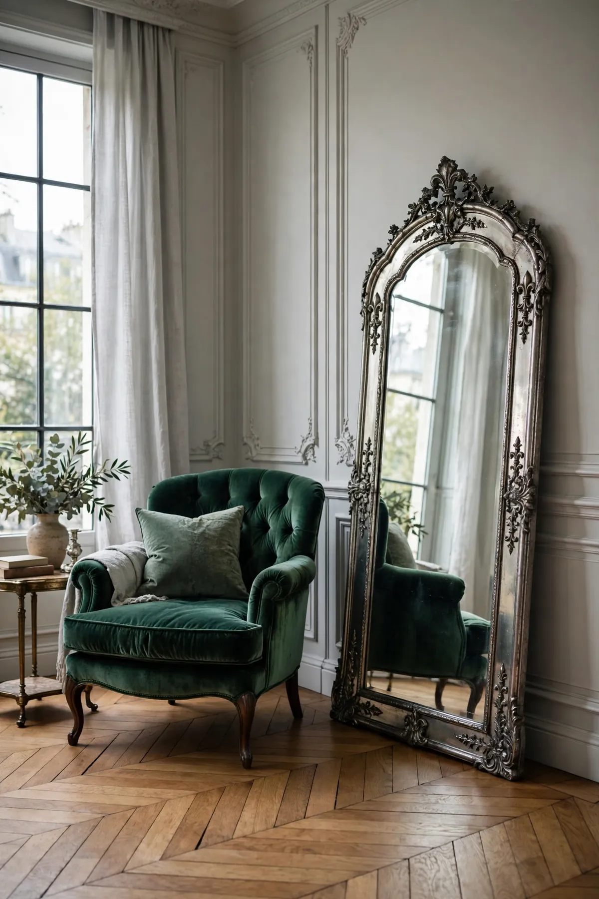 arched mirror decor ideas: Antique Silver Arch Mirror in a Parisian Corner