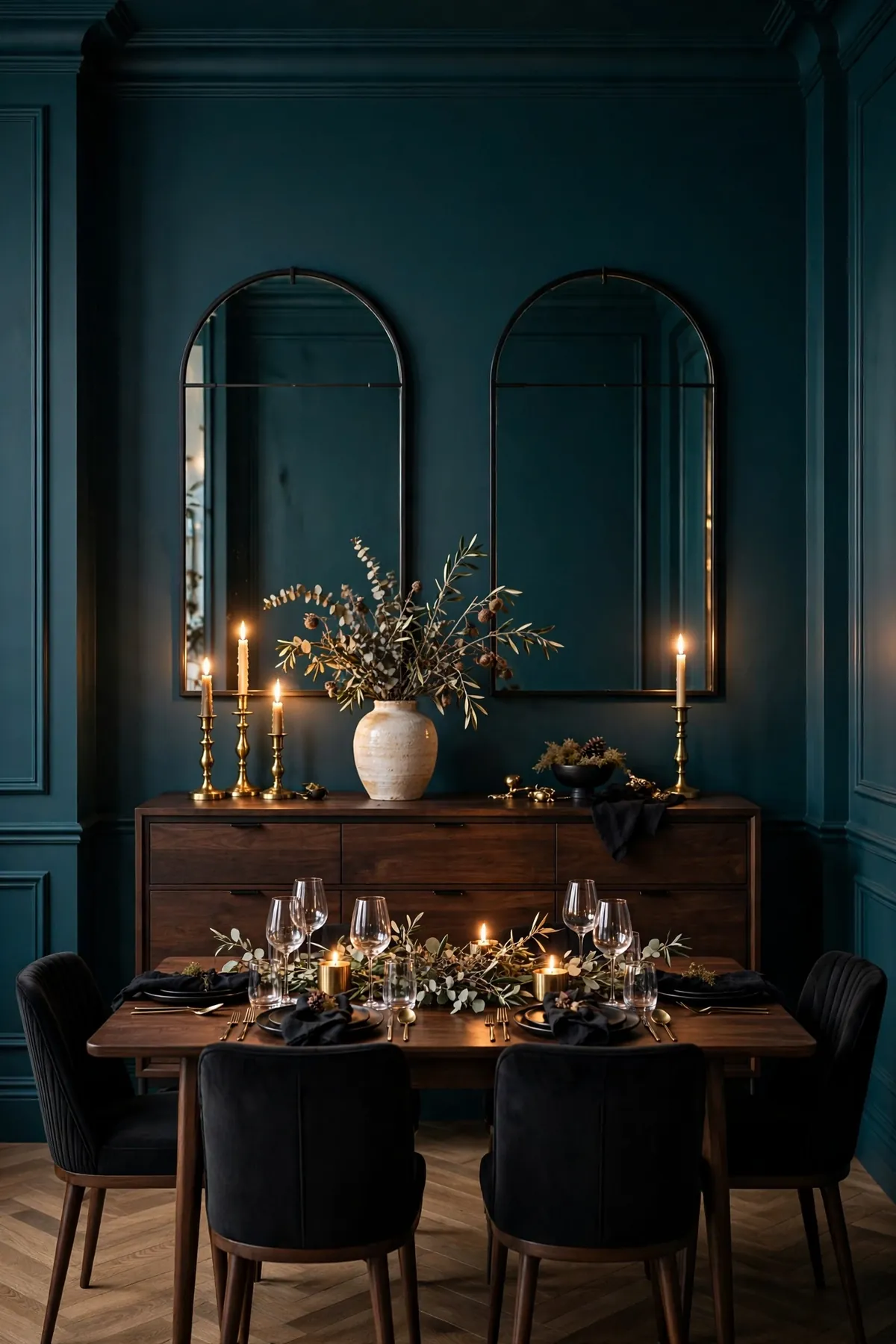 arched mirror decor ideas: Double Arch Mirrors Flanking a Dining Sideboard