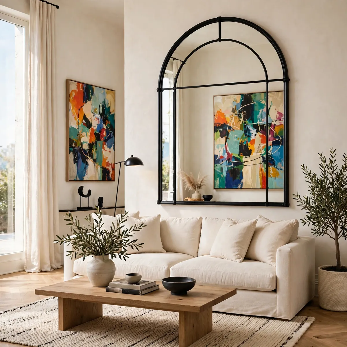 arched mirror decor ideas: Arch Mirror Opposite Art to Double the View