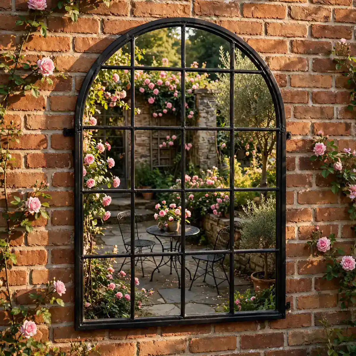 arched mirror decor ideas: Windowpane Arch Mirror on a Garden Wall