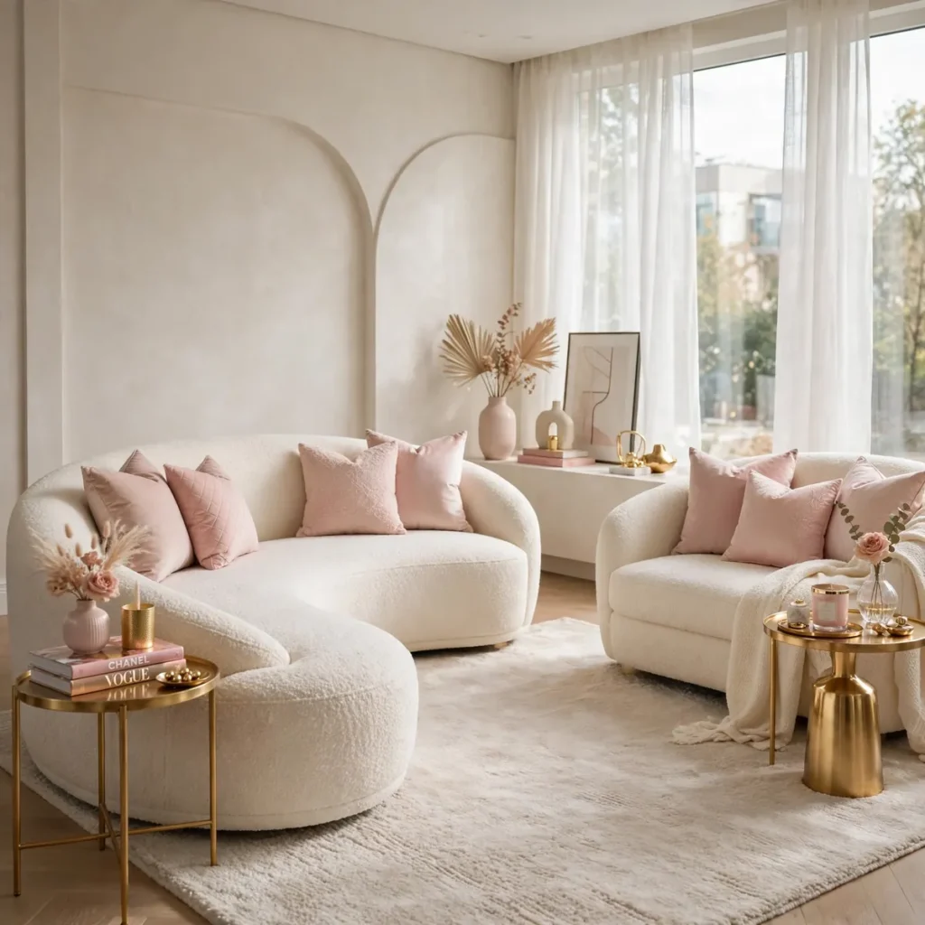 15 Stunning Baddie Living Room Ideas Full of Glam, Glow & Confidence baddie living room: Anchor Your Baddie Living Room With a Curved Bouclé Sofa