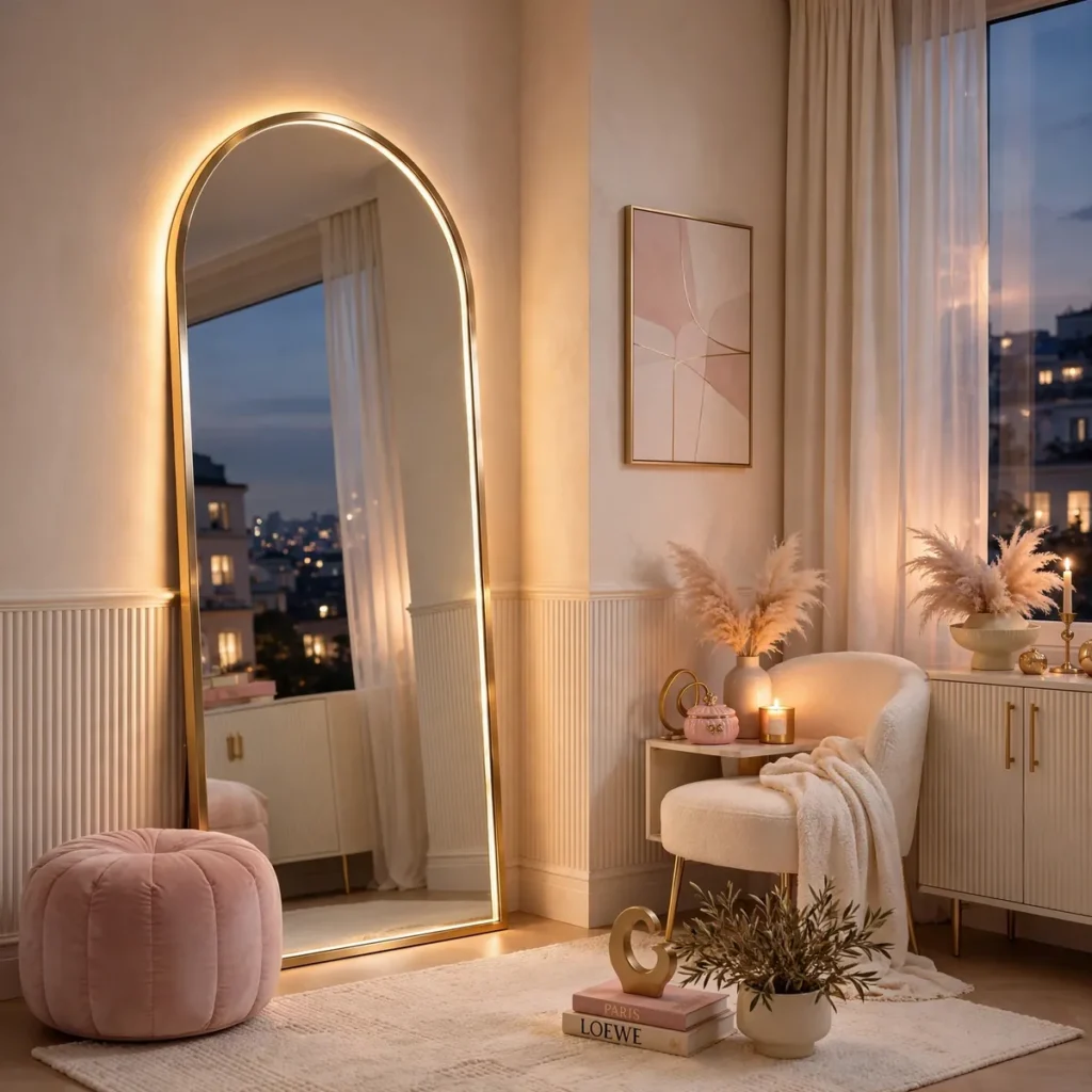 15 Stunning Baddie Living Room Ideas Full of Glam, Glow & Confidence baddie living room: Add an LED-Backlit Arch Mirror