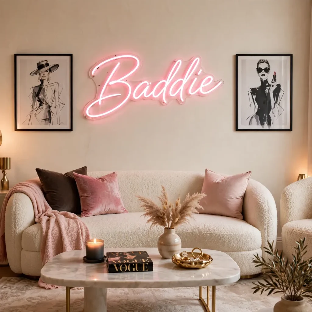 15 Stunning Baddie Living Room Ideas Full of Glam, Glow & Confidence baddie living room: Hang One Neon Sign — And Only One