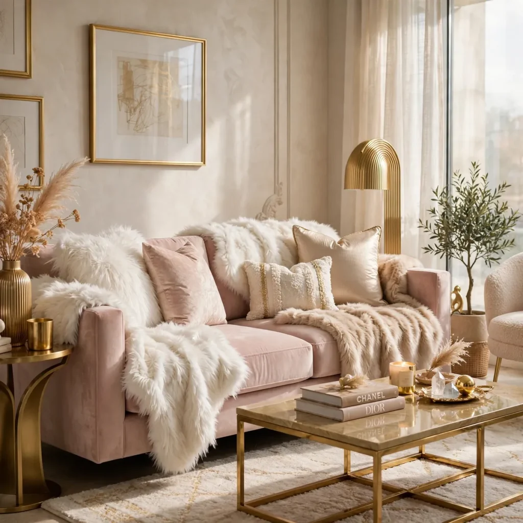 15 Stunning Baddie Living Room Ideas Full of Glam, Glow & Confidence baddie living room: Layer Faux Fur Like You Mean It