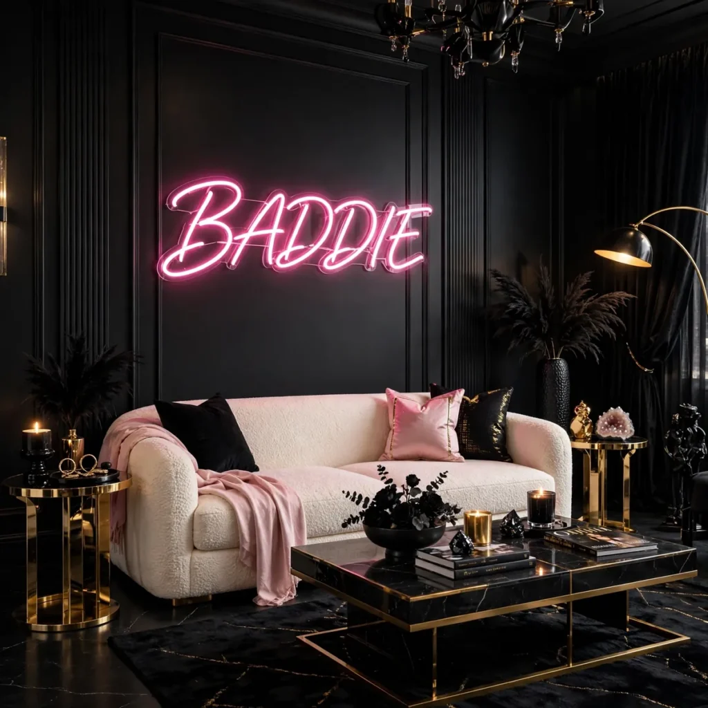 15 Stunning Baddie Living Room Ideas Full of Glam, Glow & Confidence baddie living room: Go Bold With a Black Accent Wall