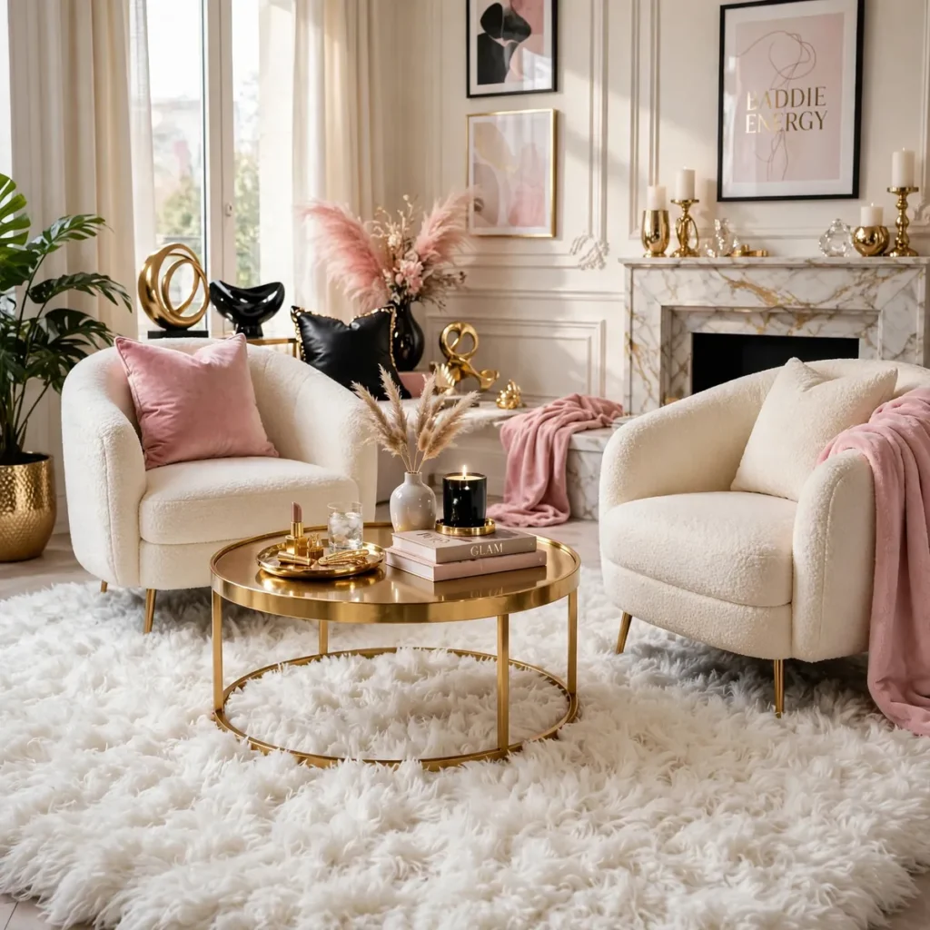15 Stunning Baddie Living Room Ideas Full of Glam, Glow & Confidence baddie living room: Ground the Room With an Ultra-Fluffy Rug