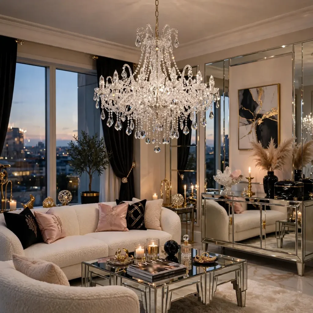 15 Stunning Baddie Living Room Ideas Full of Glam, Glow & Confidence baddie living room: Hang a Statement Chandelier