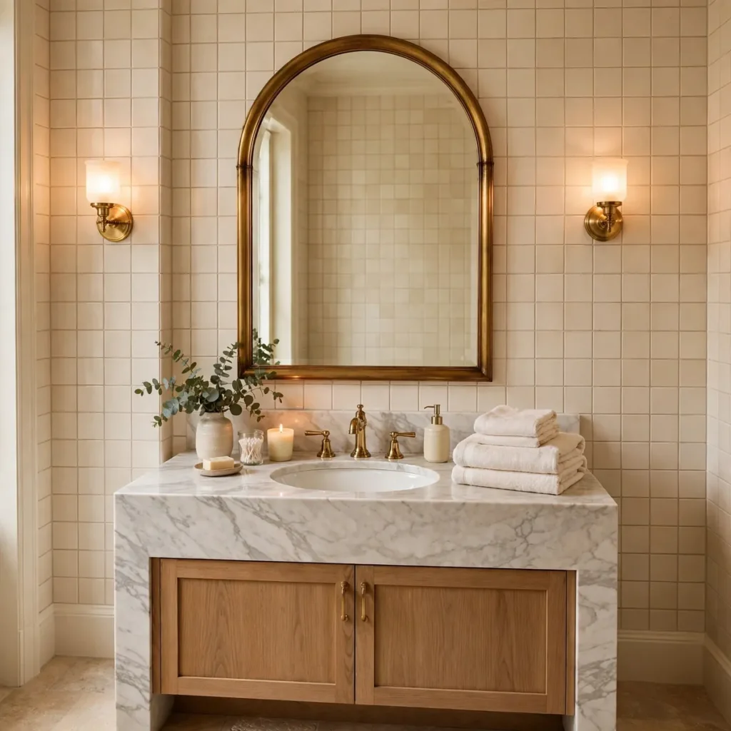 bathroom decor ideas: Add an Arched Mirror for a Softer Silhouette