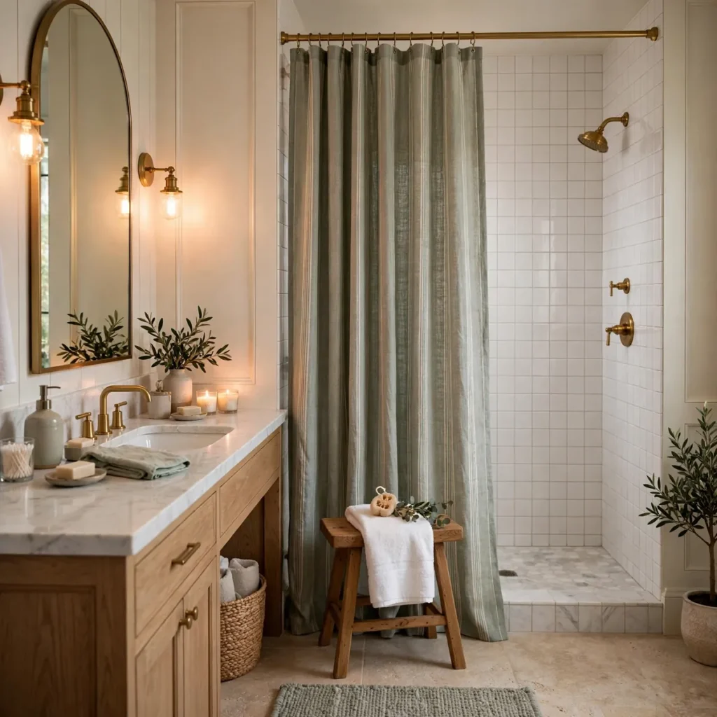 bathroom decor ideas: Hang a Fabric Shower Curtain in a Soft Pattern