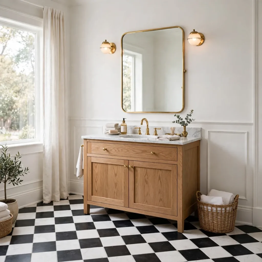 bathroom decor ideas: Use Checkerboard or Patterned Floor Tile as a Focal Point