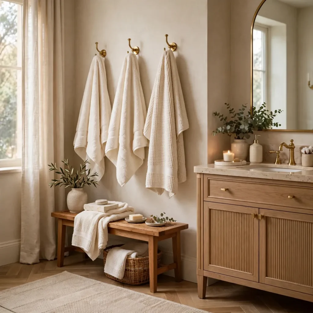 bathroom decor ideas: Finish With Plush Textiles and a Warm Rug