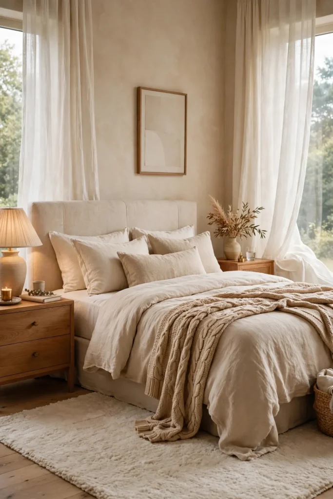 cozy bedroom ideas: Warm Neutral Layers That Hug the Room