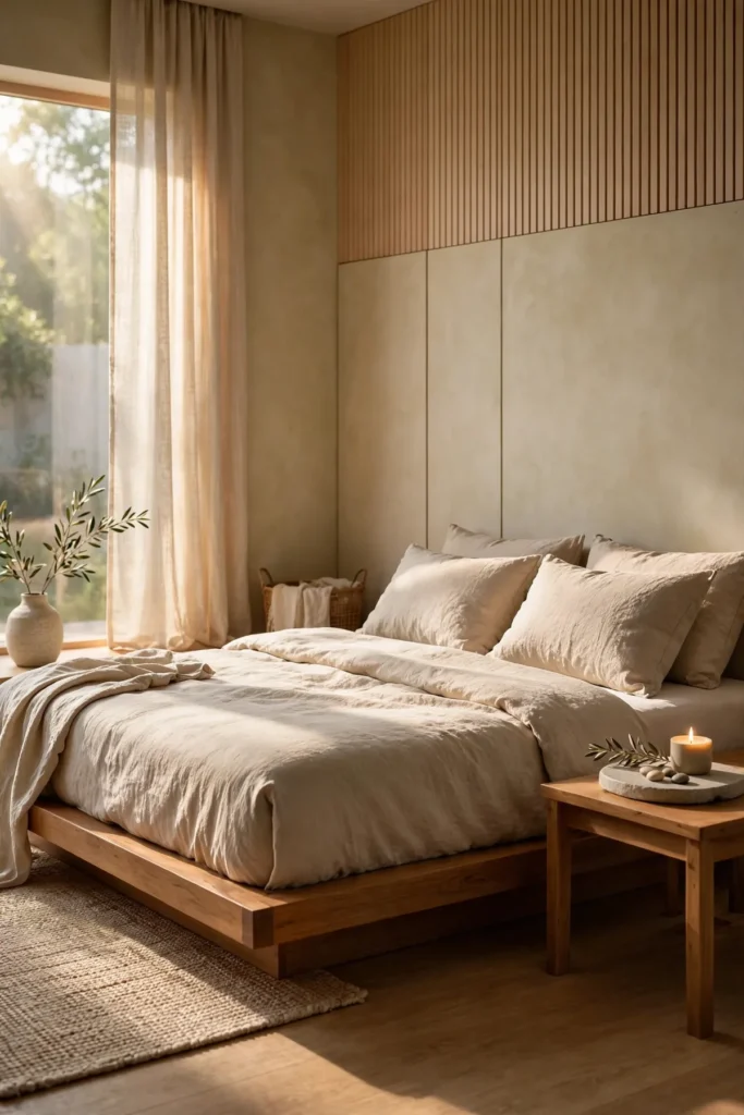 cozy bedroom ideas: Japandi Calm: Warm Minimalism