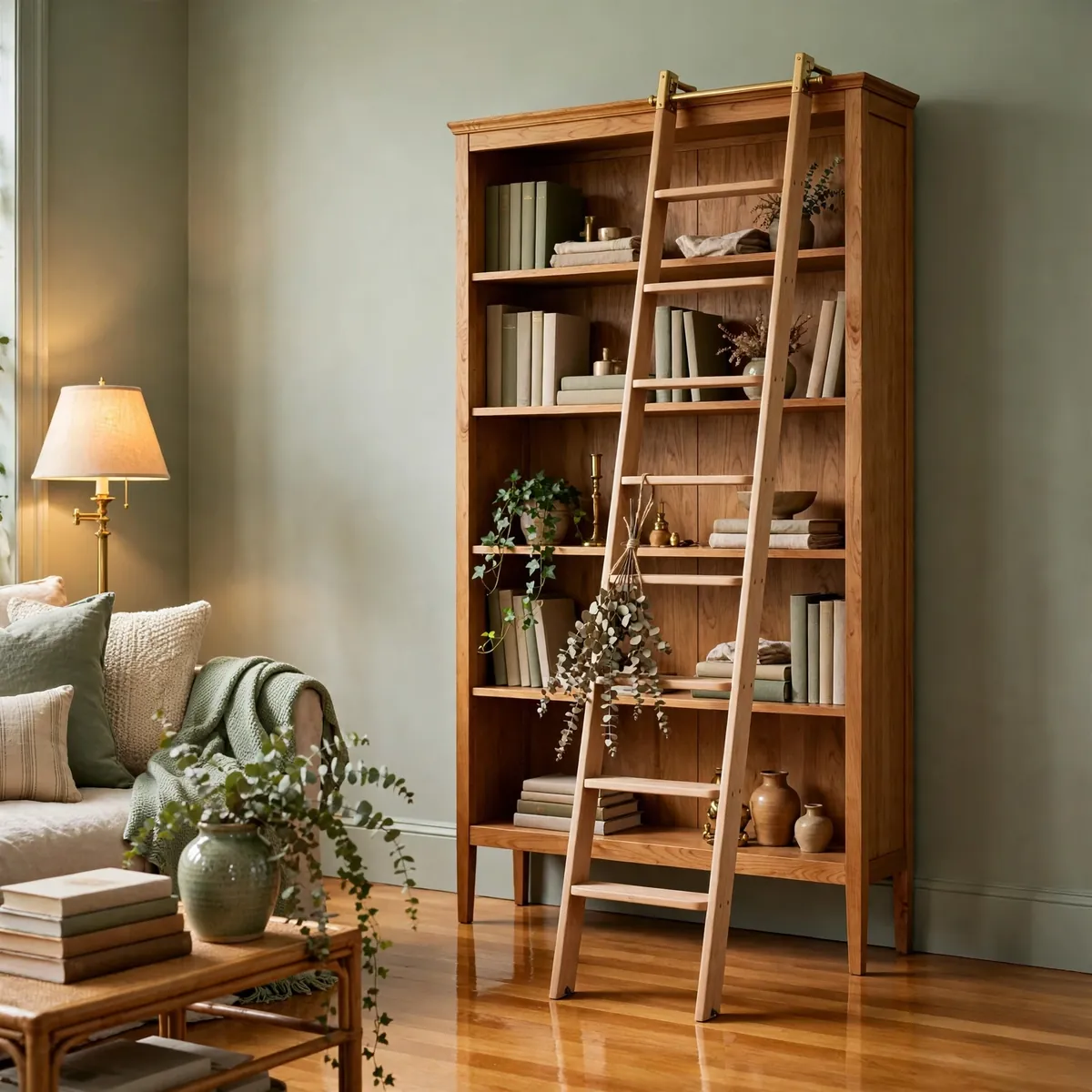 living room bookshelves ideas: A Single Tall Bookcase With a Leaning Library Ladder