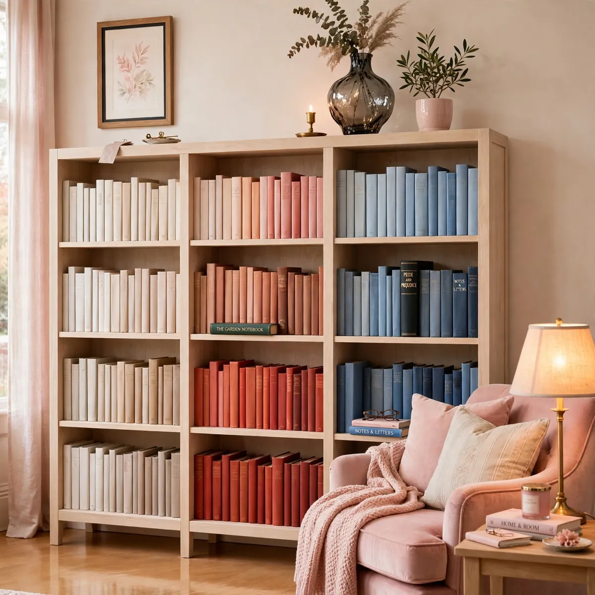 living room bookshelves ideas: Color-Grouped Spines for a Calm, Cohesive Wall