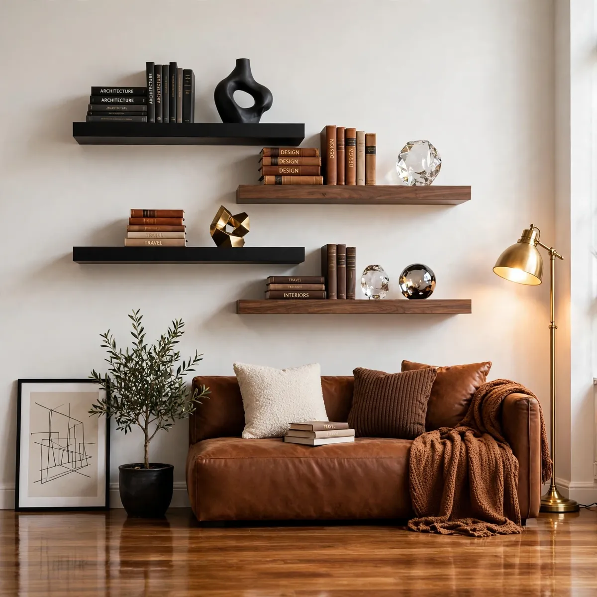 living room bookshelves ideas: Floating Shelves in a Staggered Cluster