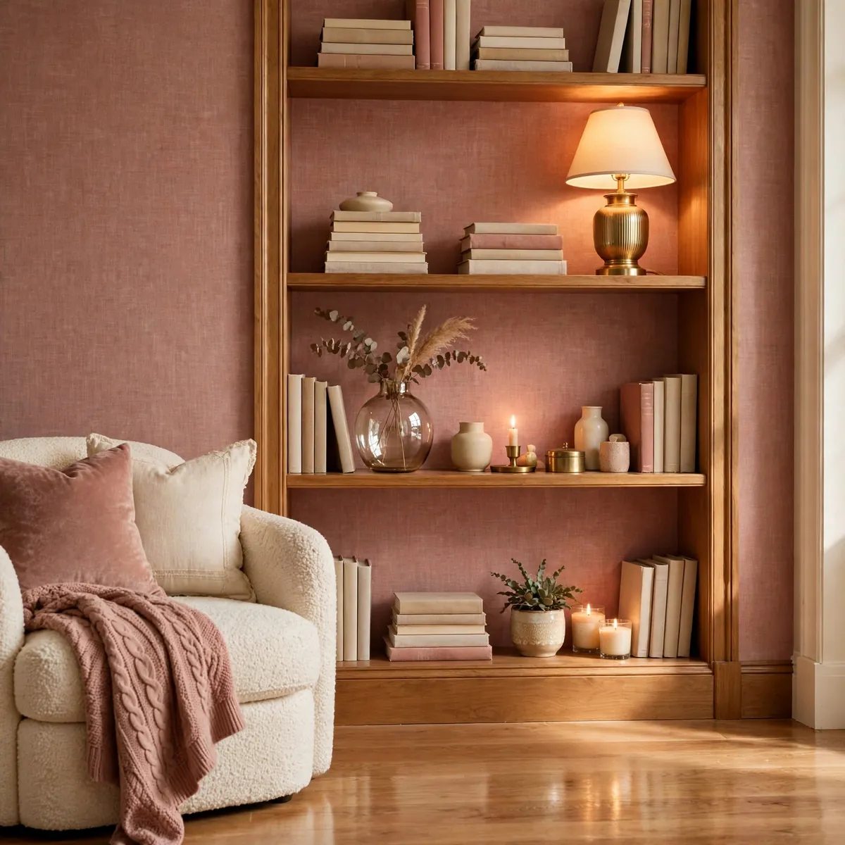 living room bookshelves ideas: Wallpaper or Grasscloth Behind the Shelves