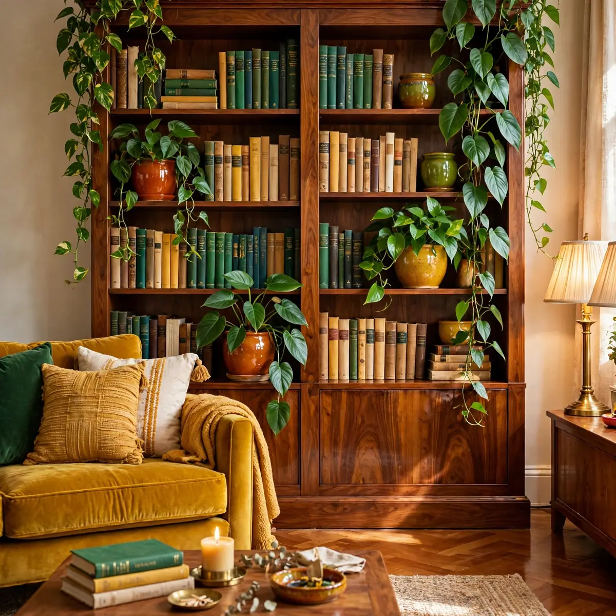 living room bookshelves ideas: Greenery Woven Through the Shelves