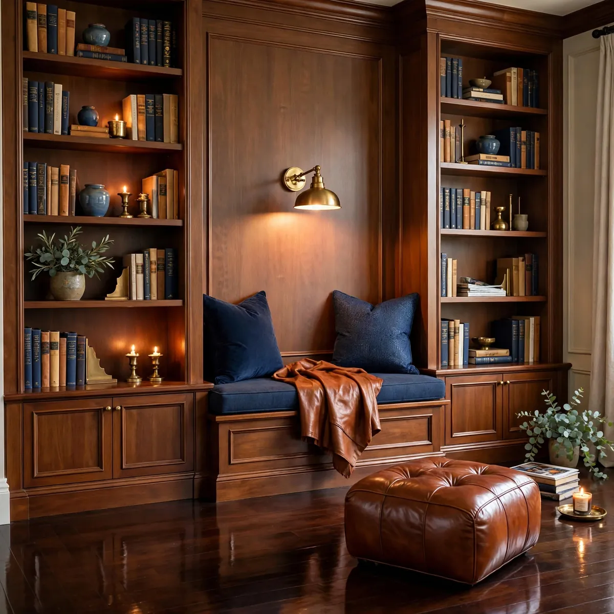 living room bookshelves ideas: A Reading Bench Built Into the Shelf Run