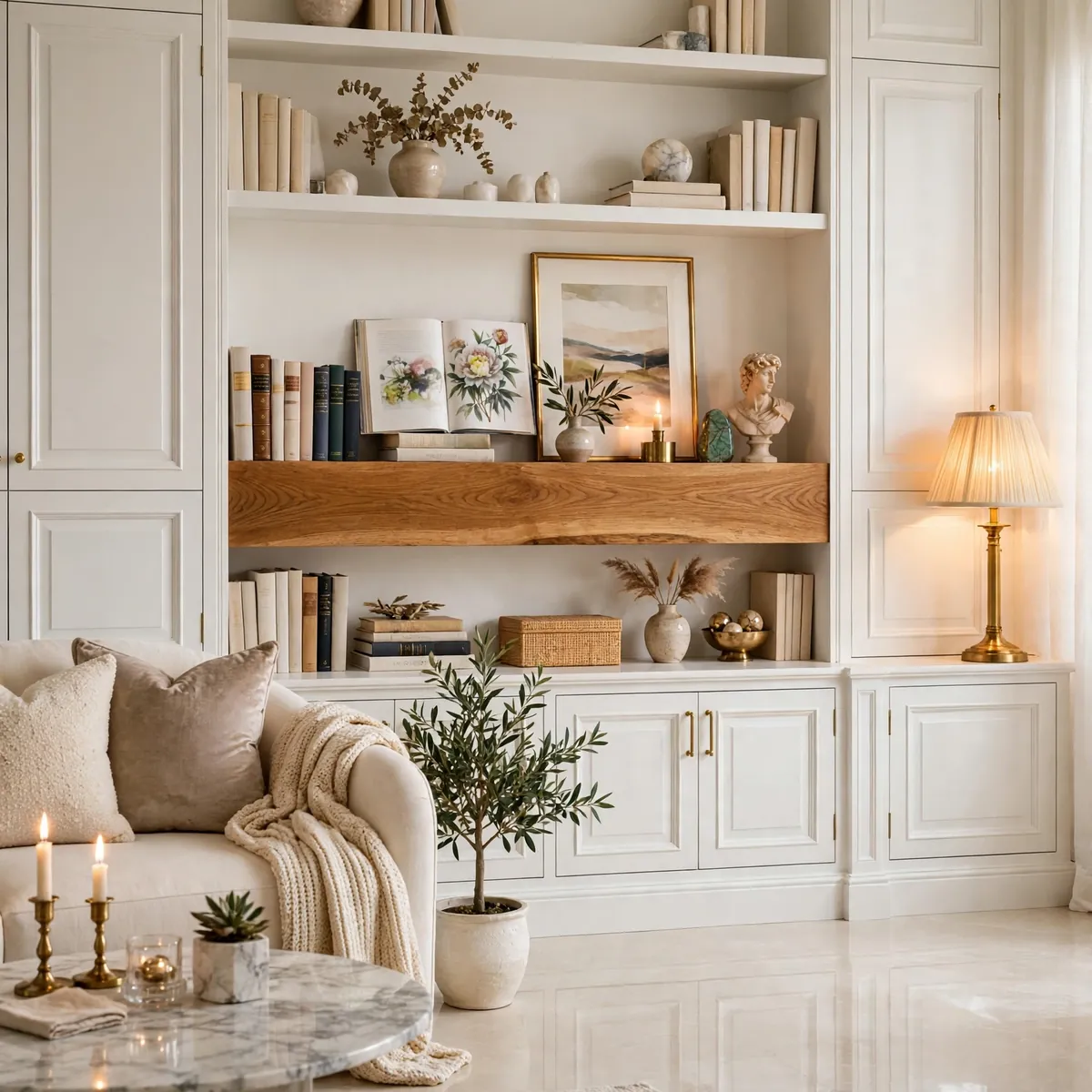 living room bookshelves ideas: Contrasting Shelf Material for One Architectural Moment