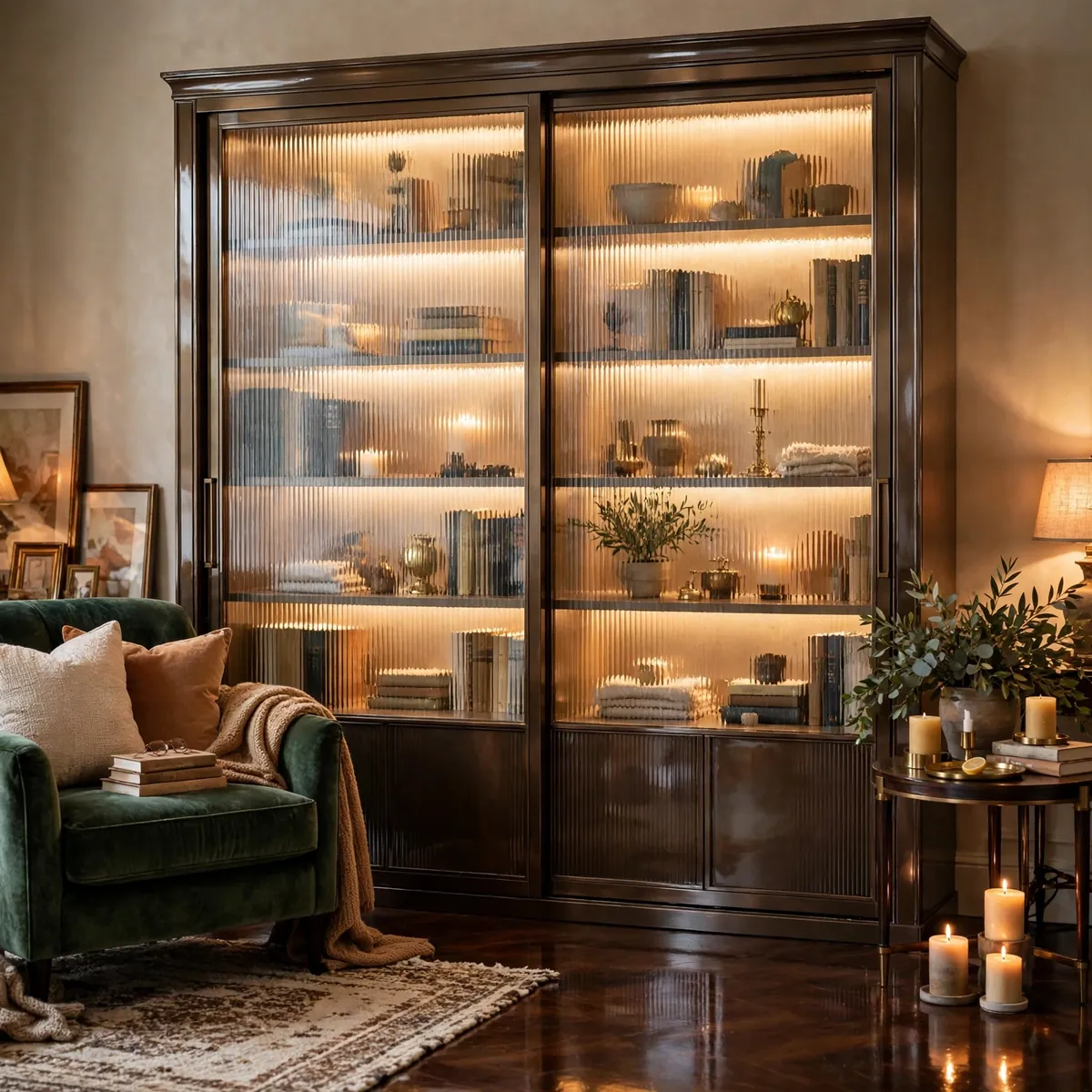 living room bookshelves ideas: Sliding Glass Doors for a Collected, Dust-Free Display