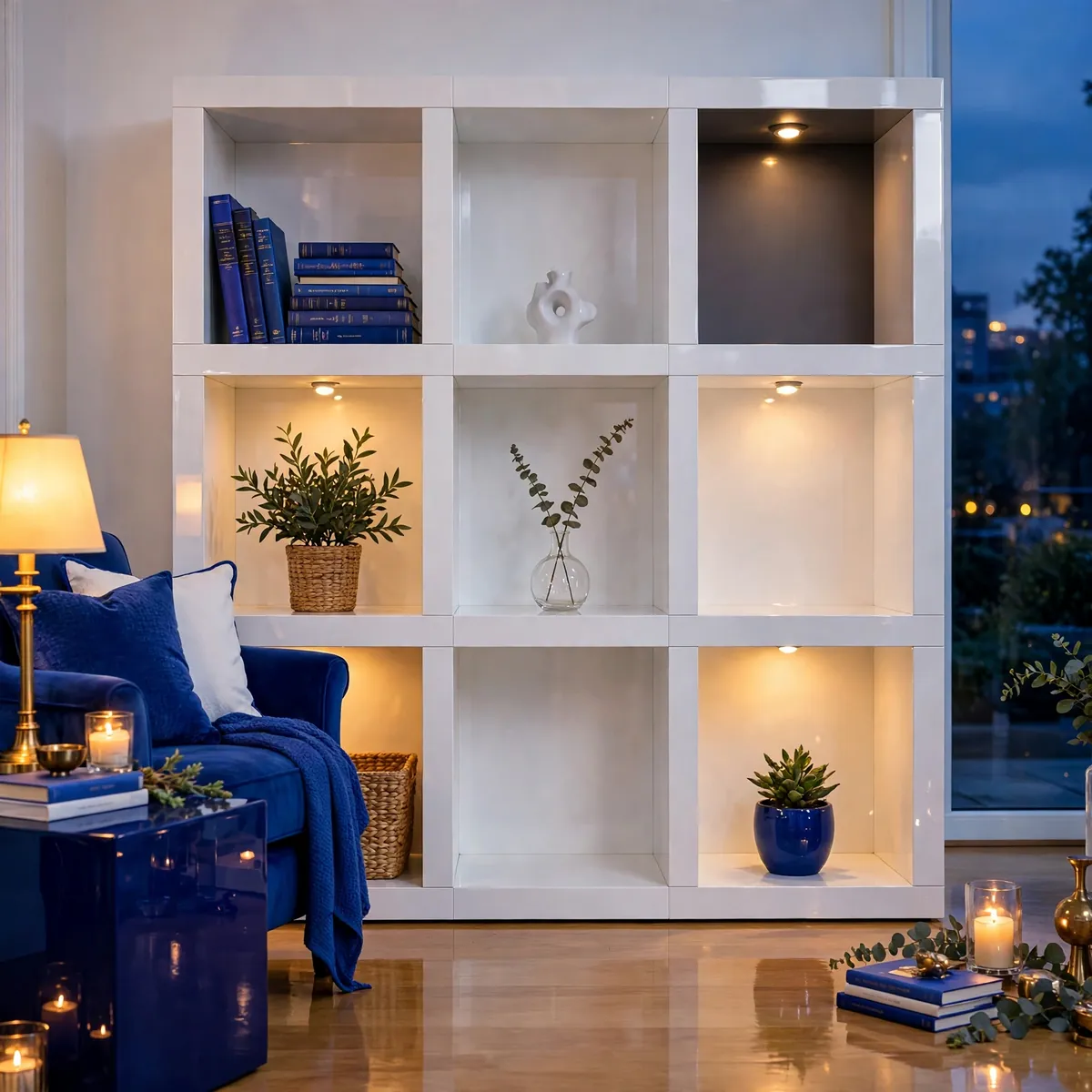 living room bookshelves ideas: Symmetrical Cube Shelving Styled Room by Room