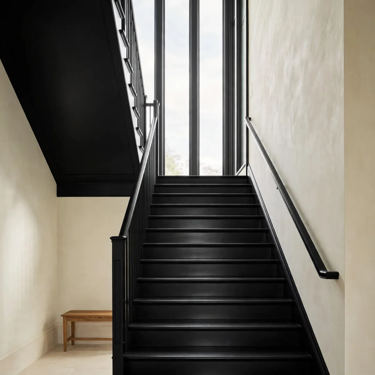 black staircase ideas: All-Black Painted Staircase in Satin Finish
