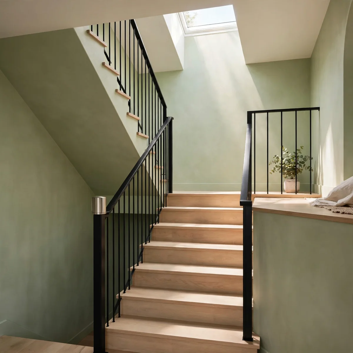 black staircase ideas: Black Metal Railing With Light Wood Treads