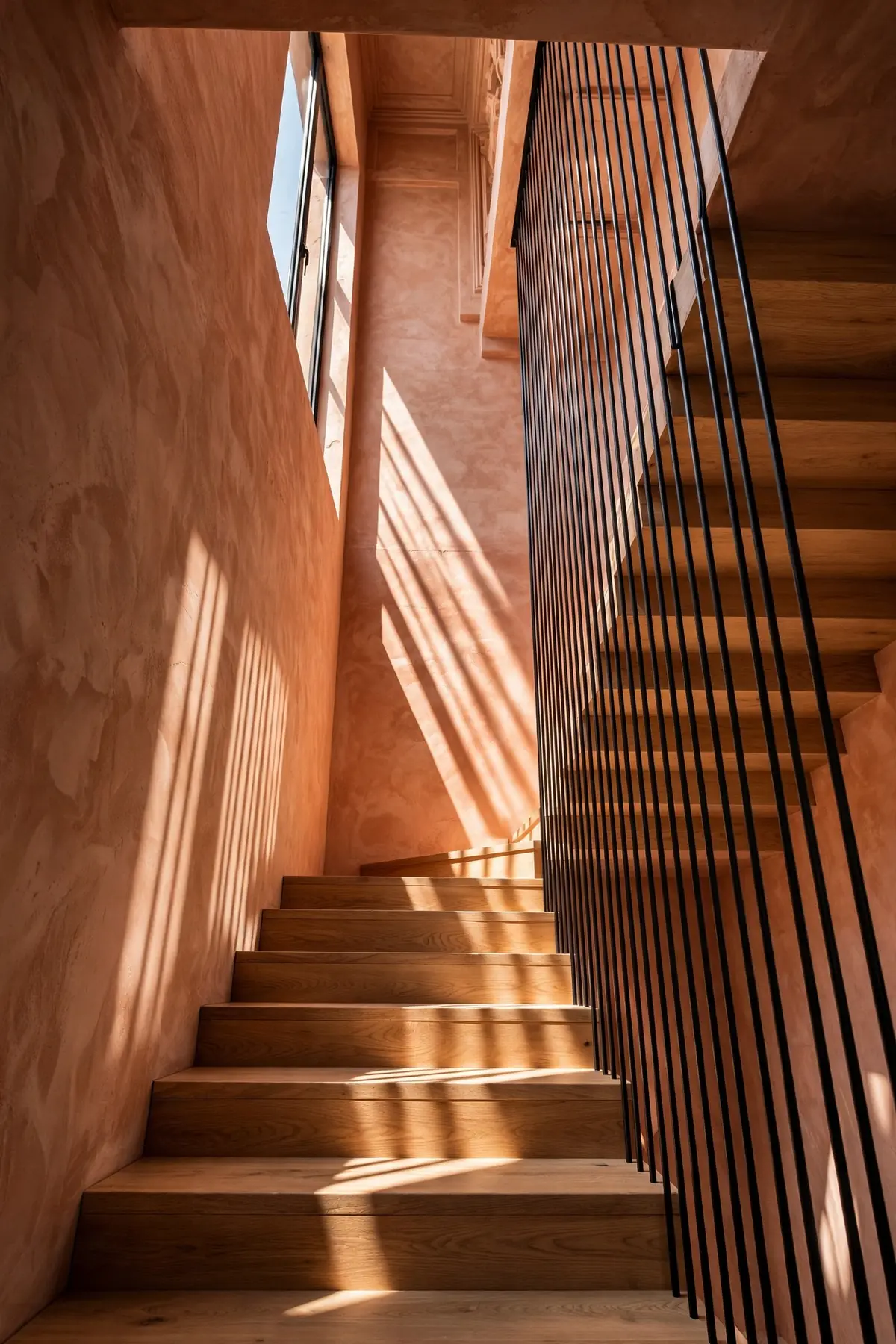 black staircase ideas: Slim Black Balusters Over Natural Oak Steps