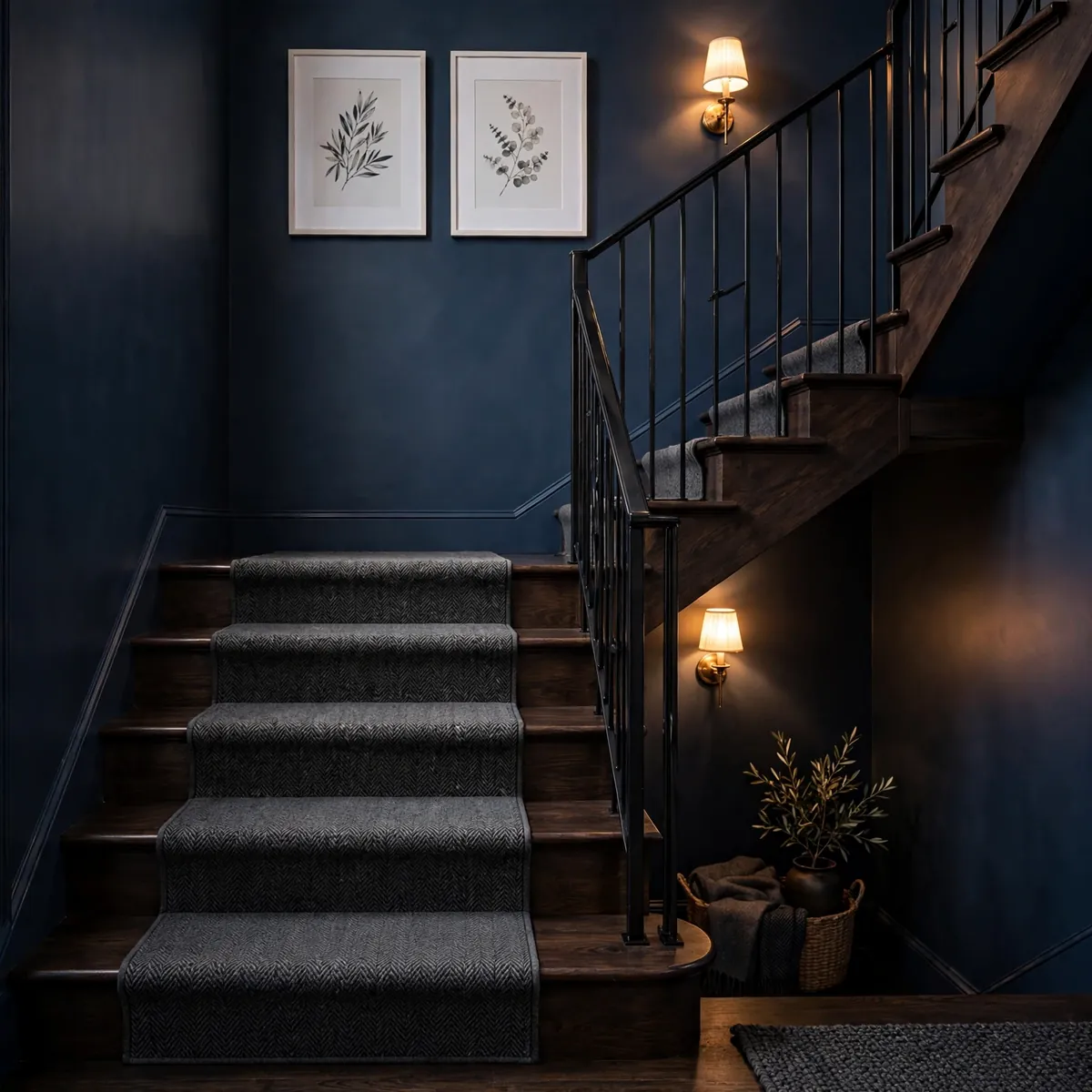 black staircase ideas: Charcoal Wool Runner on Dark-Stained Stairs