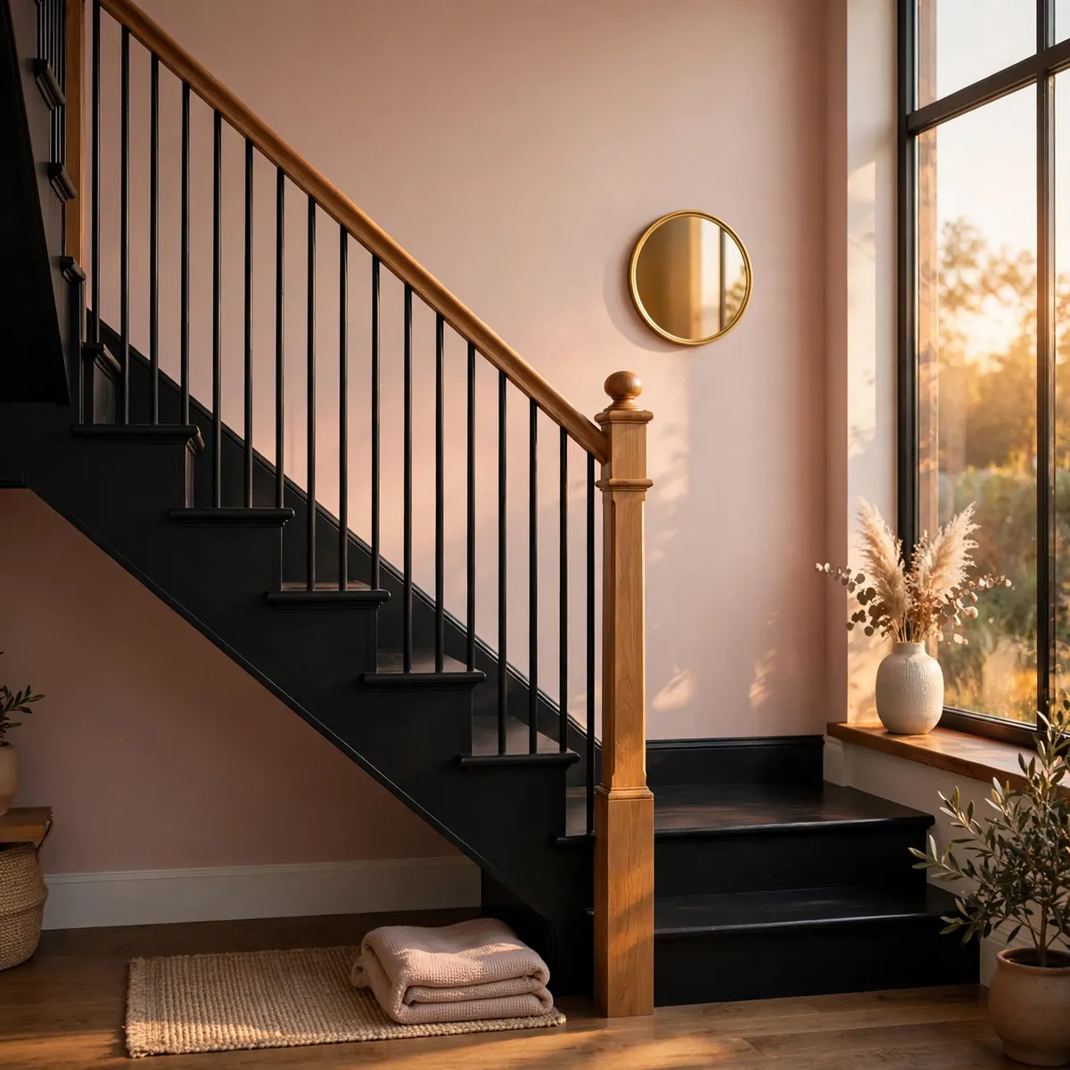 black staircase ideas: Black Stairs Softened by Warm Oak Handrails