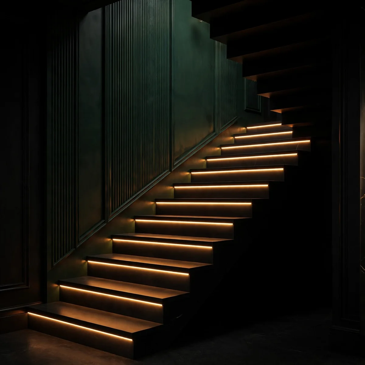black staircase ideas: Warm LED Strips Tucked Under Black Treads