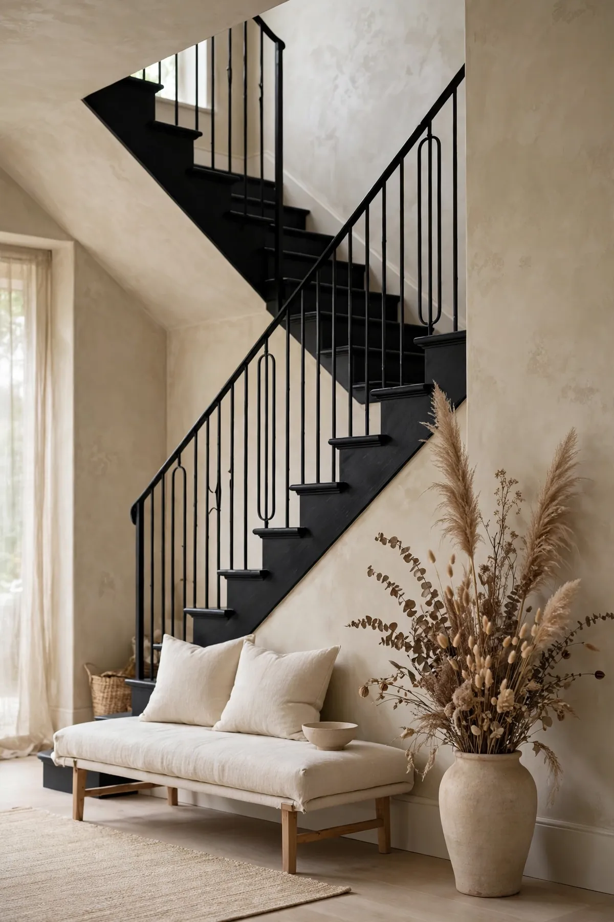 black staircase ideas: Black Staircase Framed by Limewash Walls