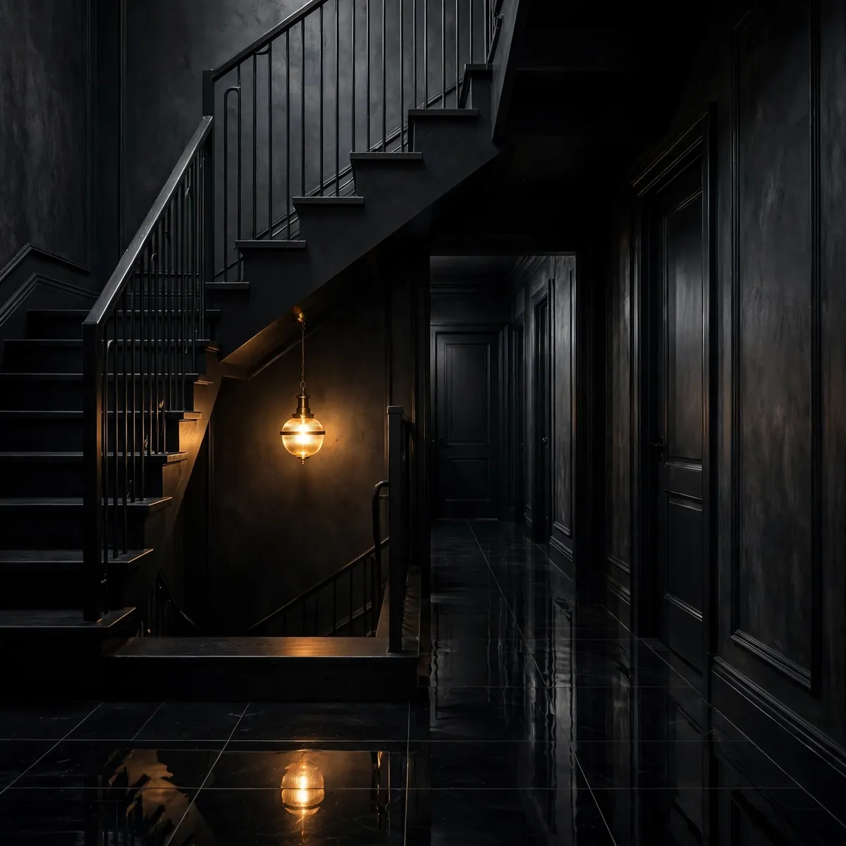 black staircase ideas: Black Stairs Melting Into a Moody Dark Hallway