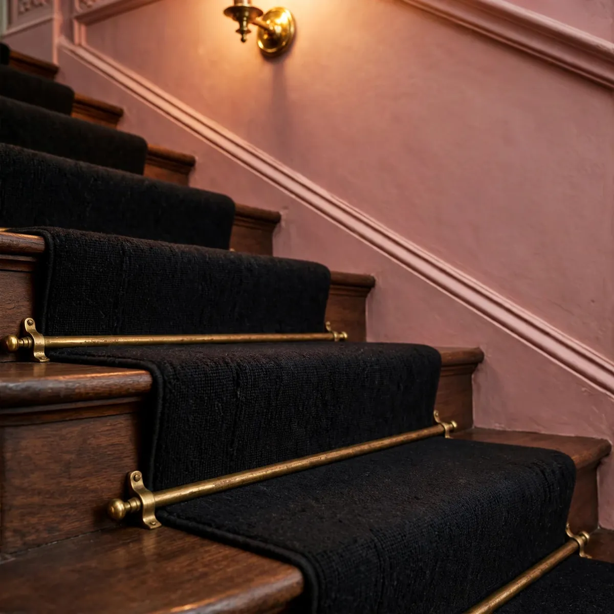 black staircase ideas: Aged Brass Stair Rods on a Black Runner