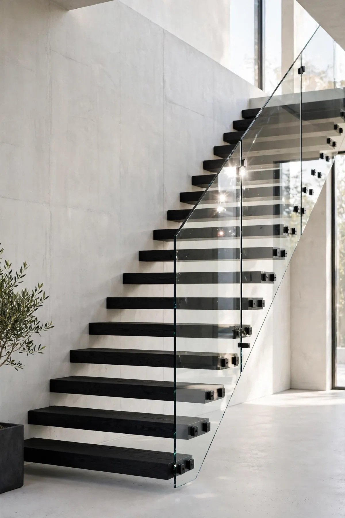 black staircase ideas: Frameless Glass Panels With Black Clamps