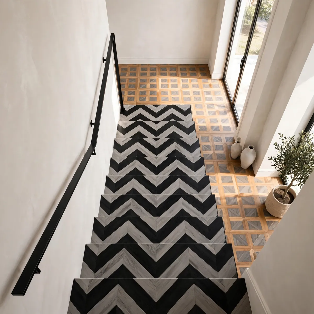black staircase ideas: Chevron-Patterned Treads in Ebony and Ash