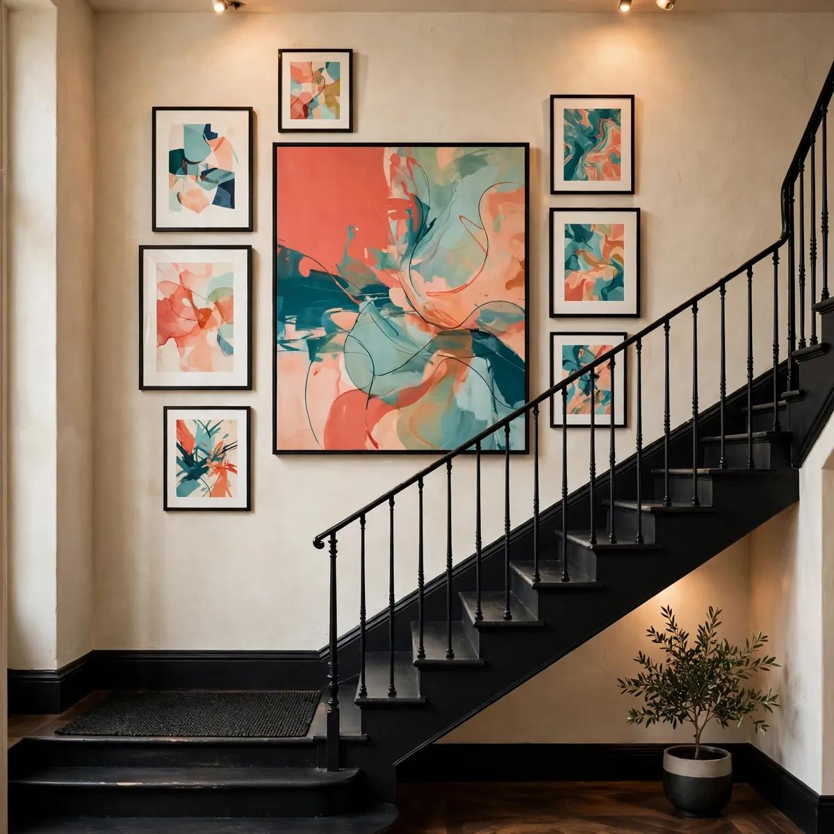 black staircase ideas: Gallery Wall Floating Over Black Stairs