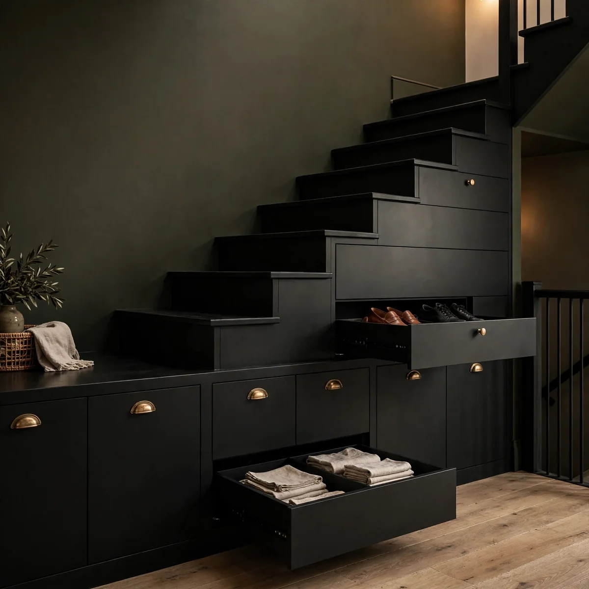 black staircase ideas: Hidden Drawers Built Into Black Risers