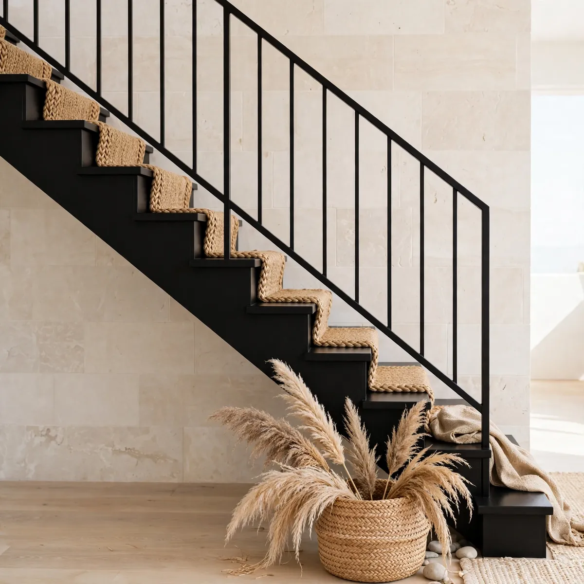 black staircase ideas: Jute Runner Softening a Black Staircase